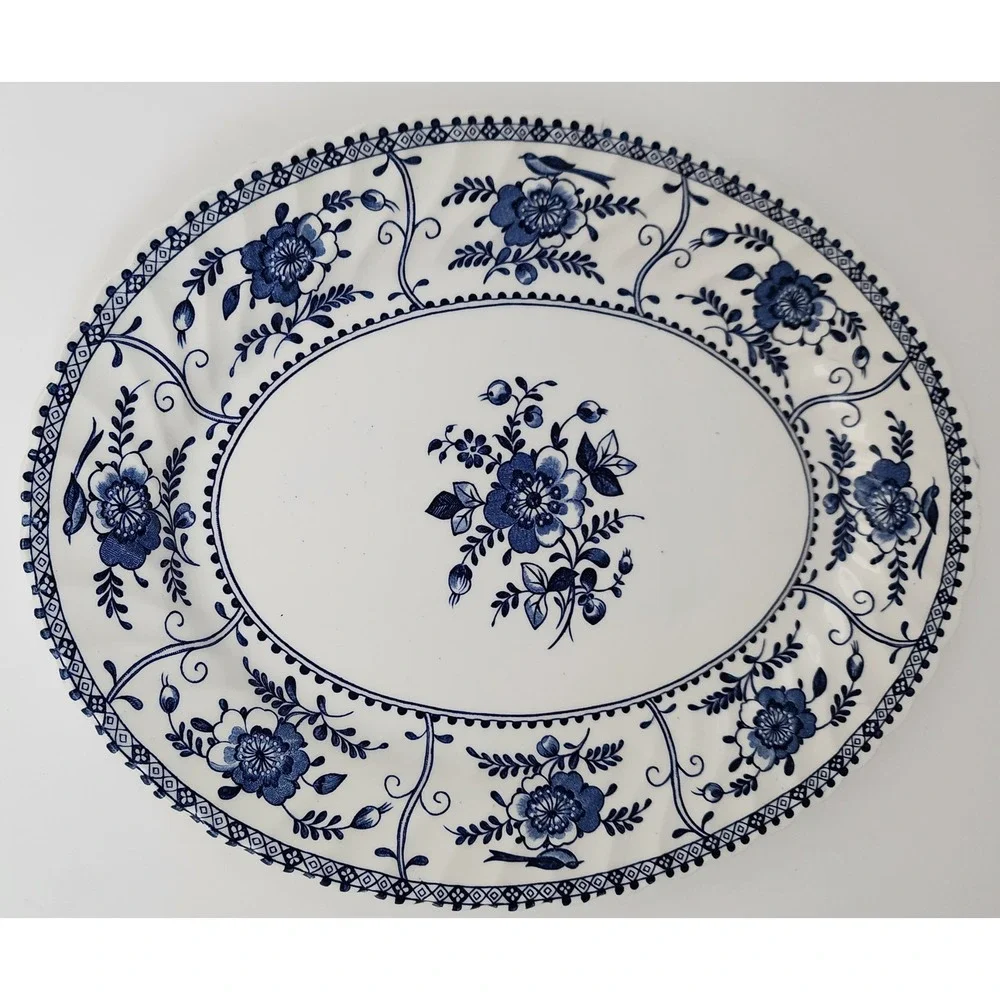 Johnson Bros Indies Serving Platter Large 12in Blue White Floral Bird EXC